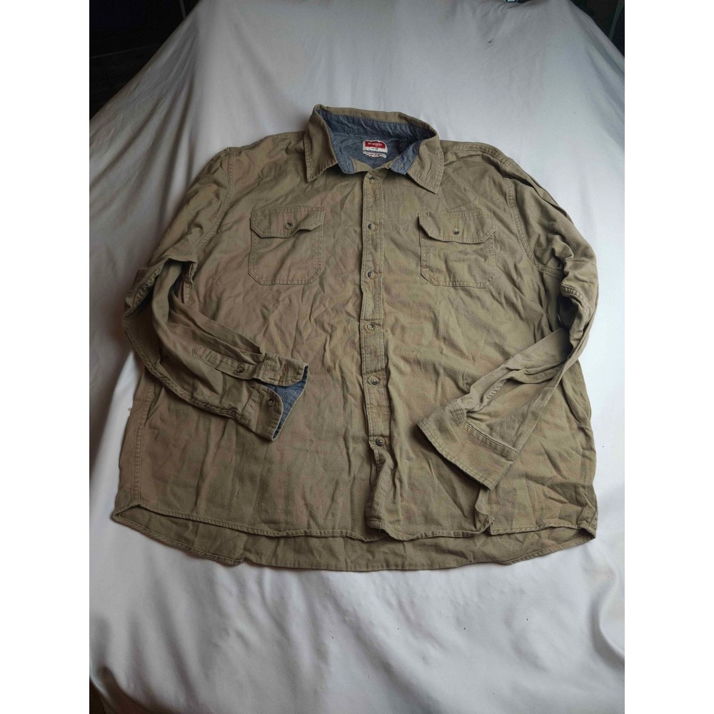 Wrangler Flex for Comfort Mens 2XL Tan Khaki Button Down‎ Work Shirt Long Sleeve